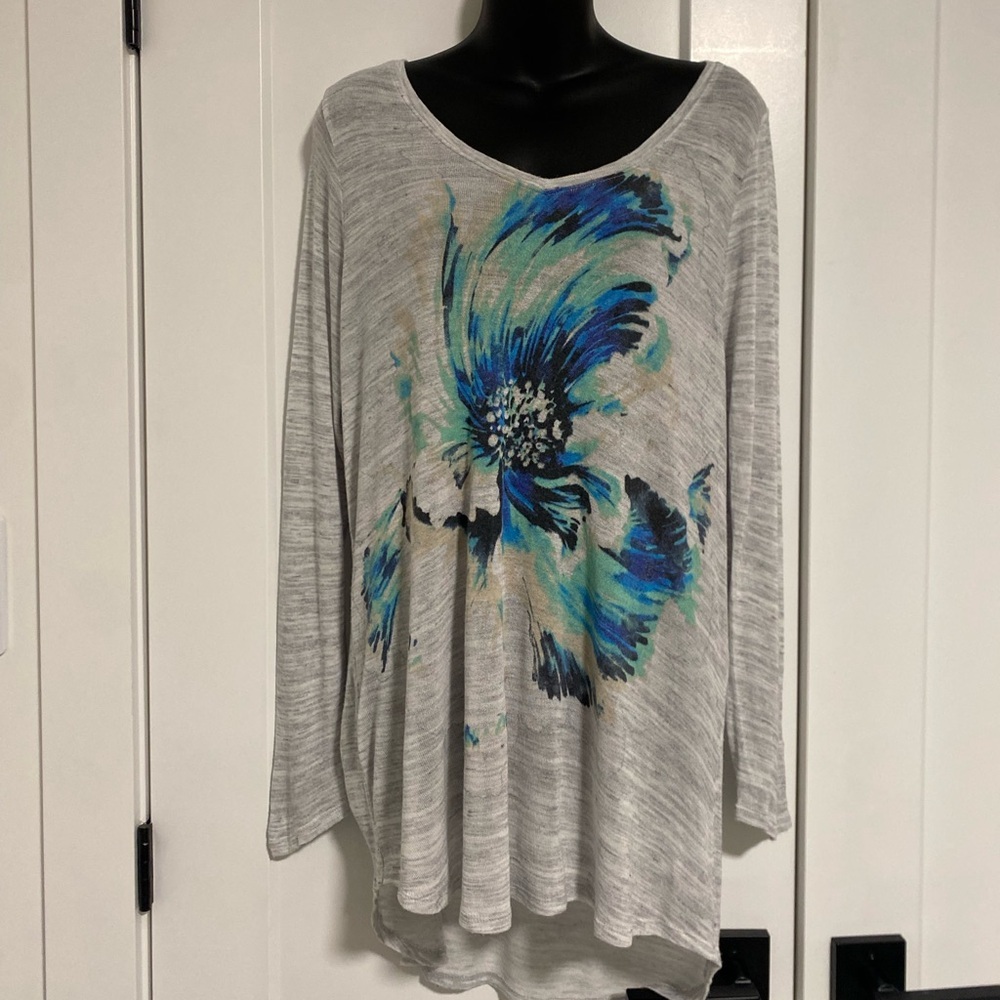 Lucky Brand V-Neck grey Watercolour Long Sleeve Floral Print‎ Shirt Top Size XL